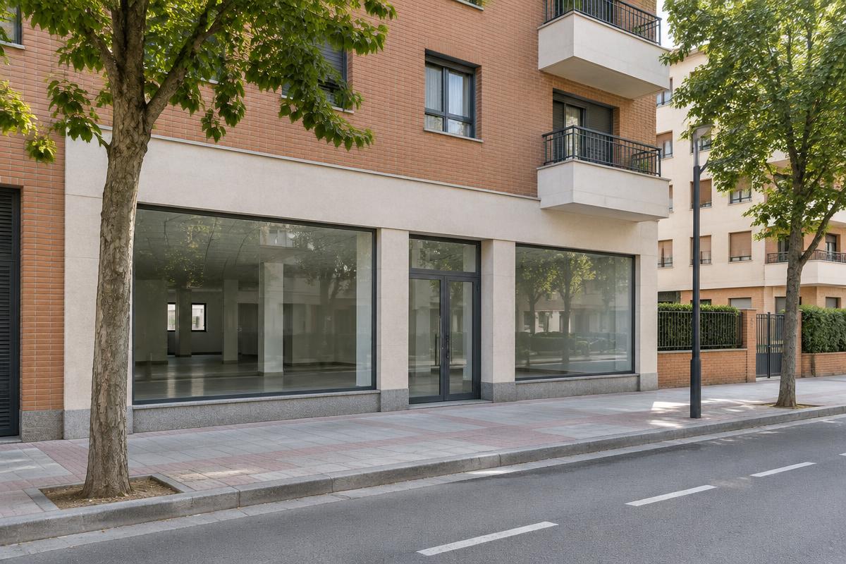 Imagen conceptual de un local comercial en una calle residencial de Madrid Norte; no es el activo de San Onofre